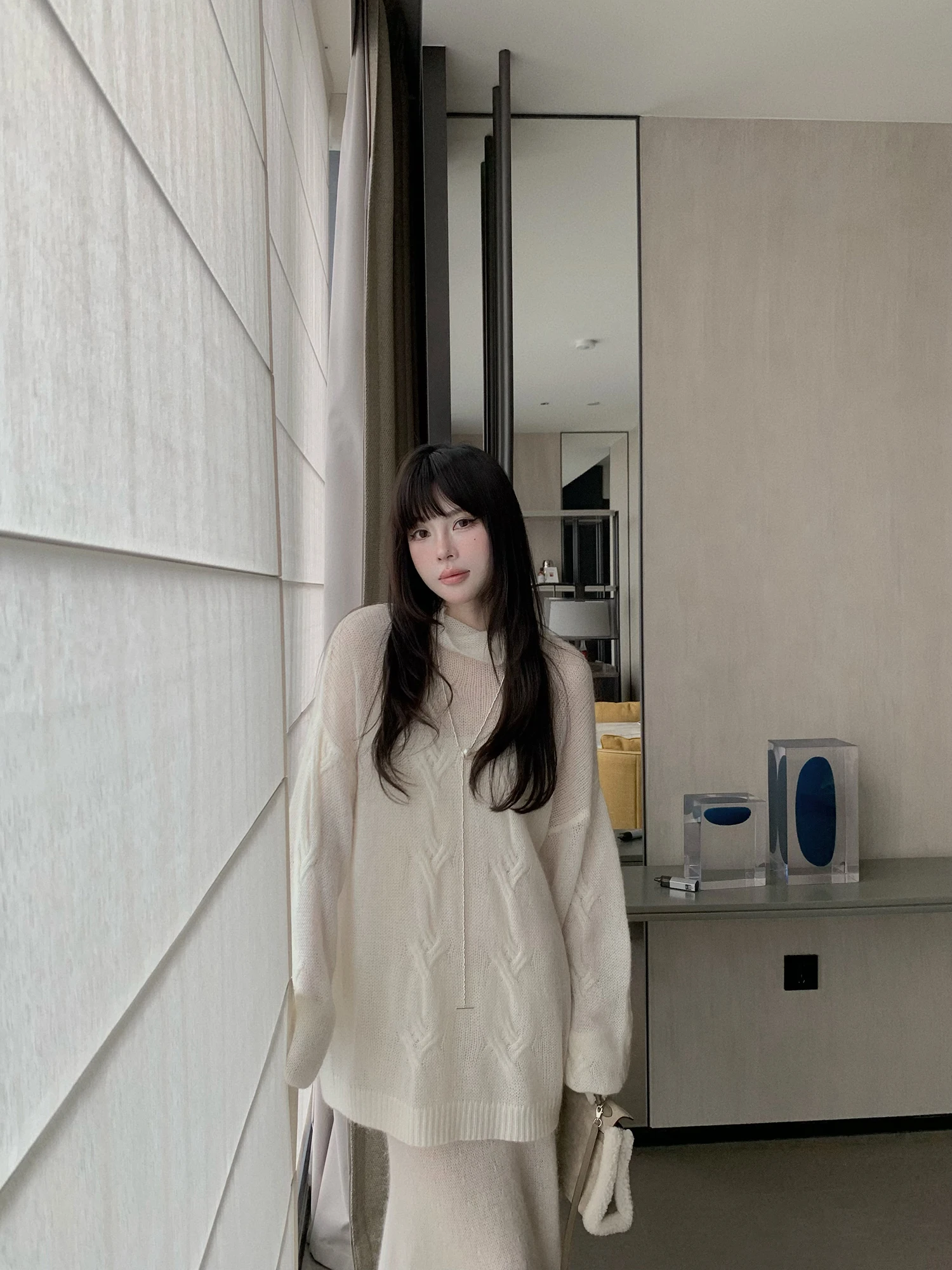 

ASM ANNA Casual Sle Mixed Fiber Alpaca Wool Sweater Dr Set Long Lantern Sve Women's Soft Knitted Casual Wear