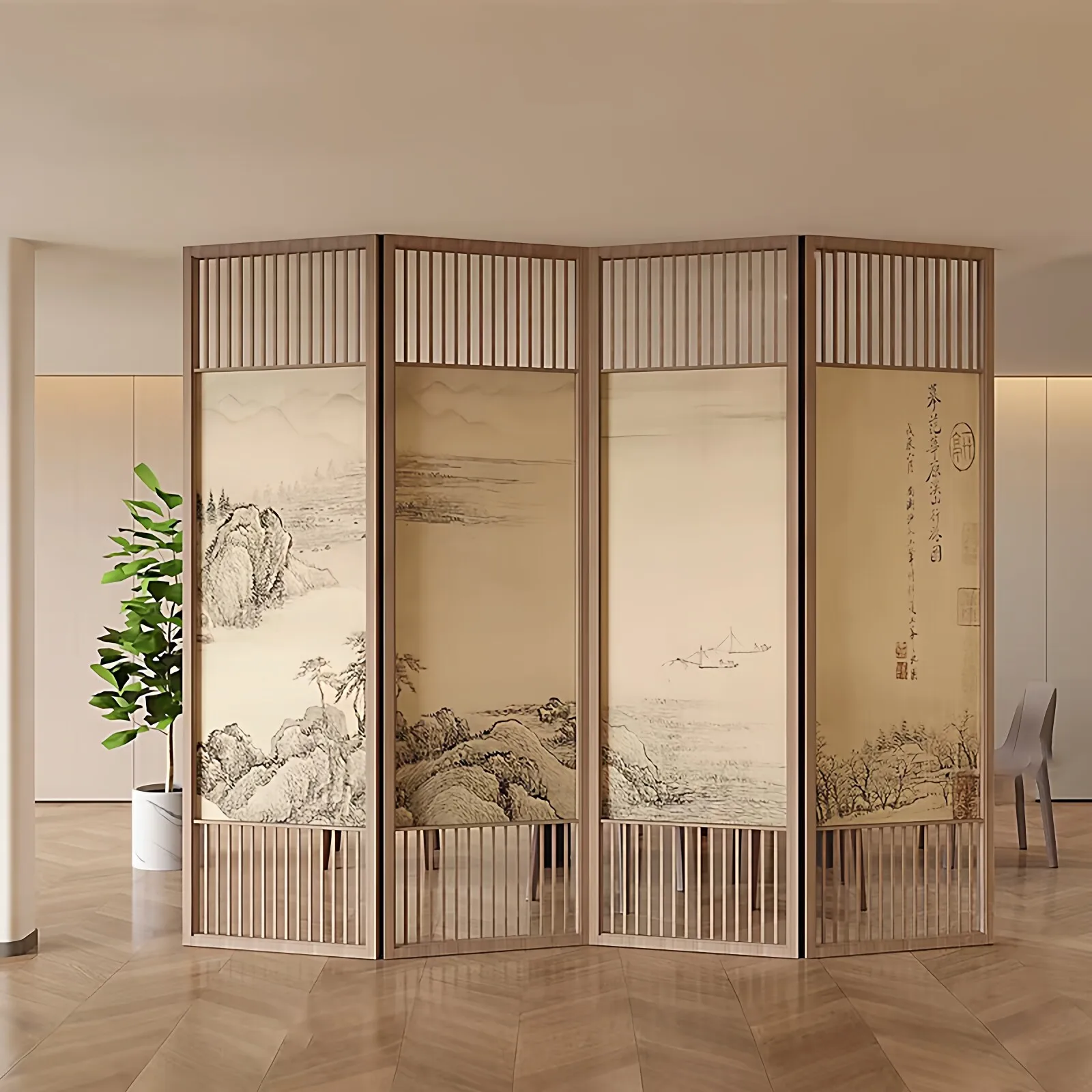 DSA New Chinese Style Song Style Zen Landscape Painting Solid Wood Four-Fold Grille Screen Living Room Tea Room Partition