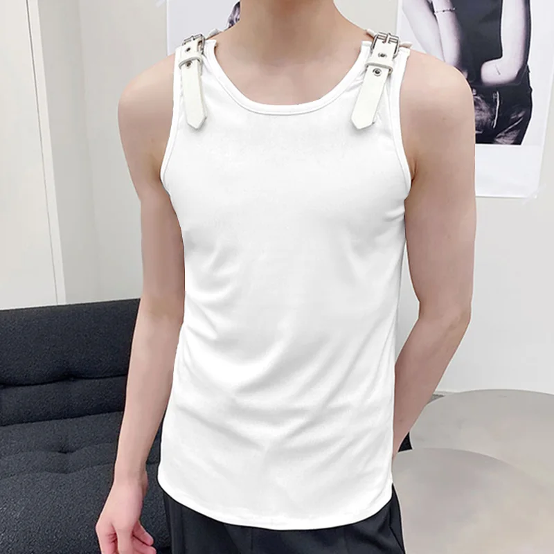 INCERUN Men Tank Tops Solid Color PU Leather Button Sleeveless Streetwear O-neck Vests 2026 Summer Fashion Men Clothing S-5XL
