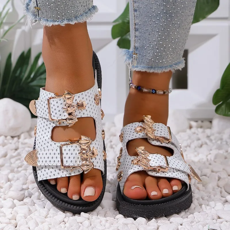 Summer Women Slippers 2026 New Luxury Rhinestone Metal Decor Thick Bottom Female Shoes Trendy Double Buckle Comfort Sandals