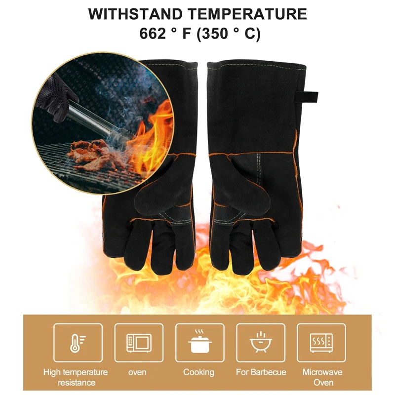 Extreme Heat&Fire Resistant Gloves Leather With Stitching,Mitts Perfect For Fireplace,Stove,Oven,Grill,Welding,Bbq,Mig,Pot Holde