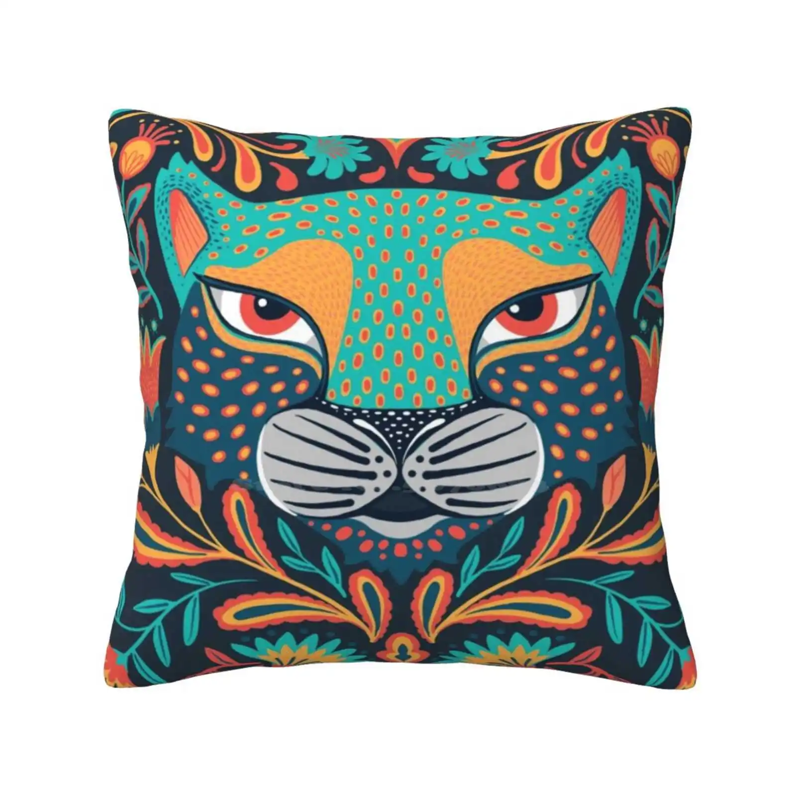 Folk Home Sofa Car Waist Throw Pillowcase Spirit Animal Folk Art Ethnic Big Cat Floral