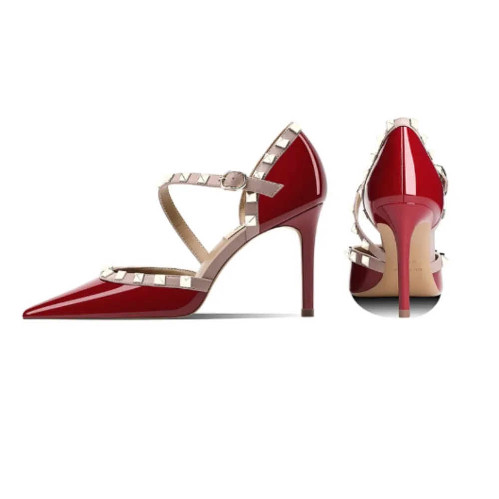 

Women High Heels 2025 Pointed Toe Stiletto Red Strappy Sandals Fashion Shoes