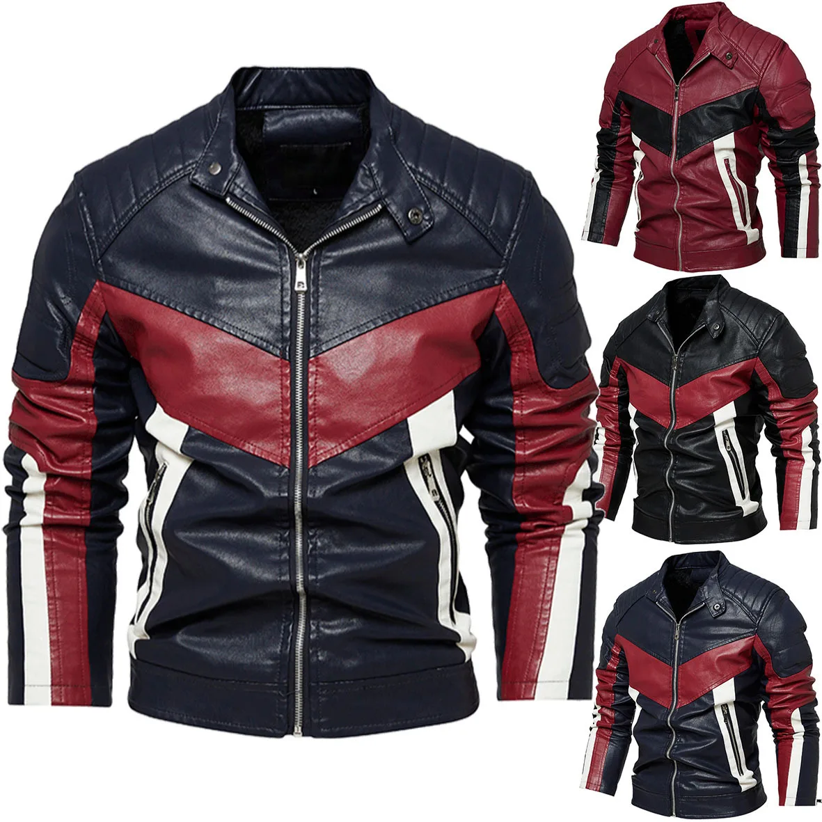 

Maidangdi Men's PU European and American Motorcycle Clothing Multi Color Patchwork Button Zipper Leather Jacket Men's