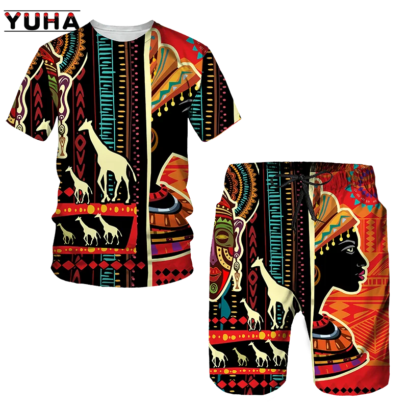 YUHA,Newest African Print Women\'s/Men\'s T-shirts Sets Africa Dashiki Men’s Tracksuit/Vintage Tops Sport And Leisure Summer Male