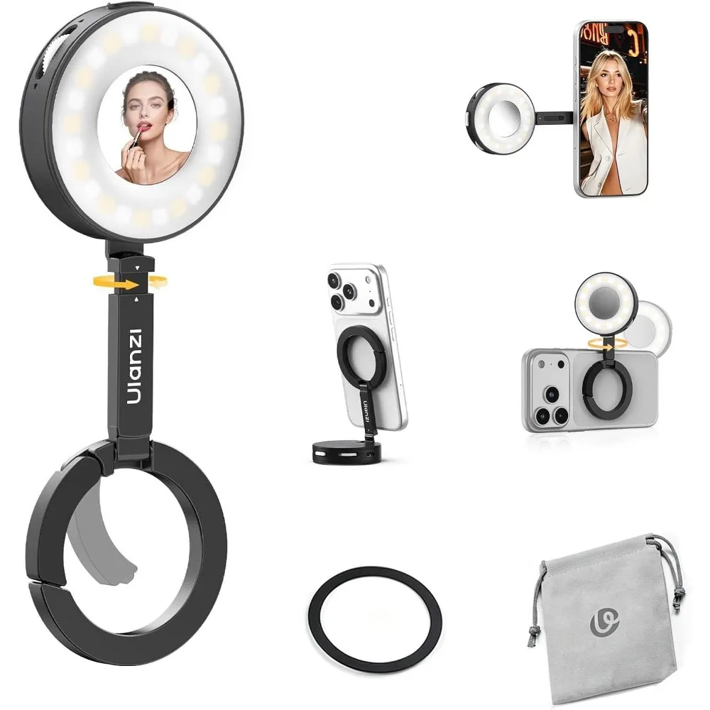 Magnetic Selfie Ring Light with Built-In Mirror, Dimmable LED Flash, CRI97 for Video and Makeup