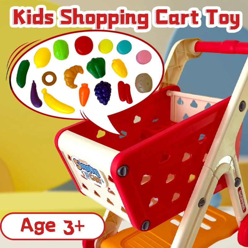 어린이 쇼핑 카트 장난감 17PCS – 레드 |   과일 및 음식 상자가 포함된 소꿉놀이 세트 |   바퀴와 수납공간이 있는 48cm 푸시카트 |
