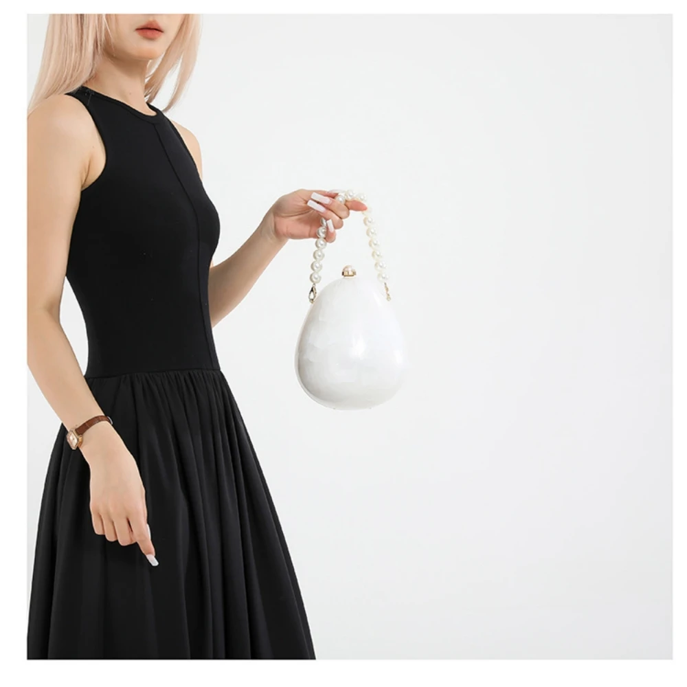New  Handbag Shoulder Bag Delicate Acrylic Banquet Holiday Bag Egg Shape Beach Bag for Women Handheld Pearl Chain Bag