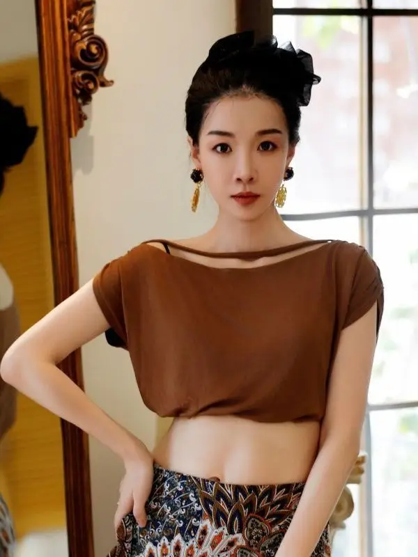 Original Modal Sweat Absorbing Slimming Commute Item Belly Dance Eastern Dance Practice Uniform Short Sleeve One-Shoulder Top