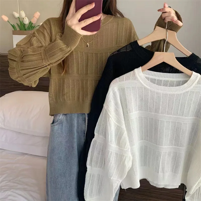 2024 Autumn  Female style Round neck Long sleeves Sweater Micro transparent Hollow out tops Show off weight Sweet smock