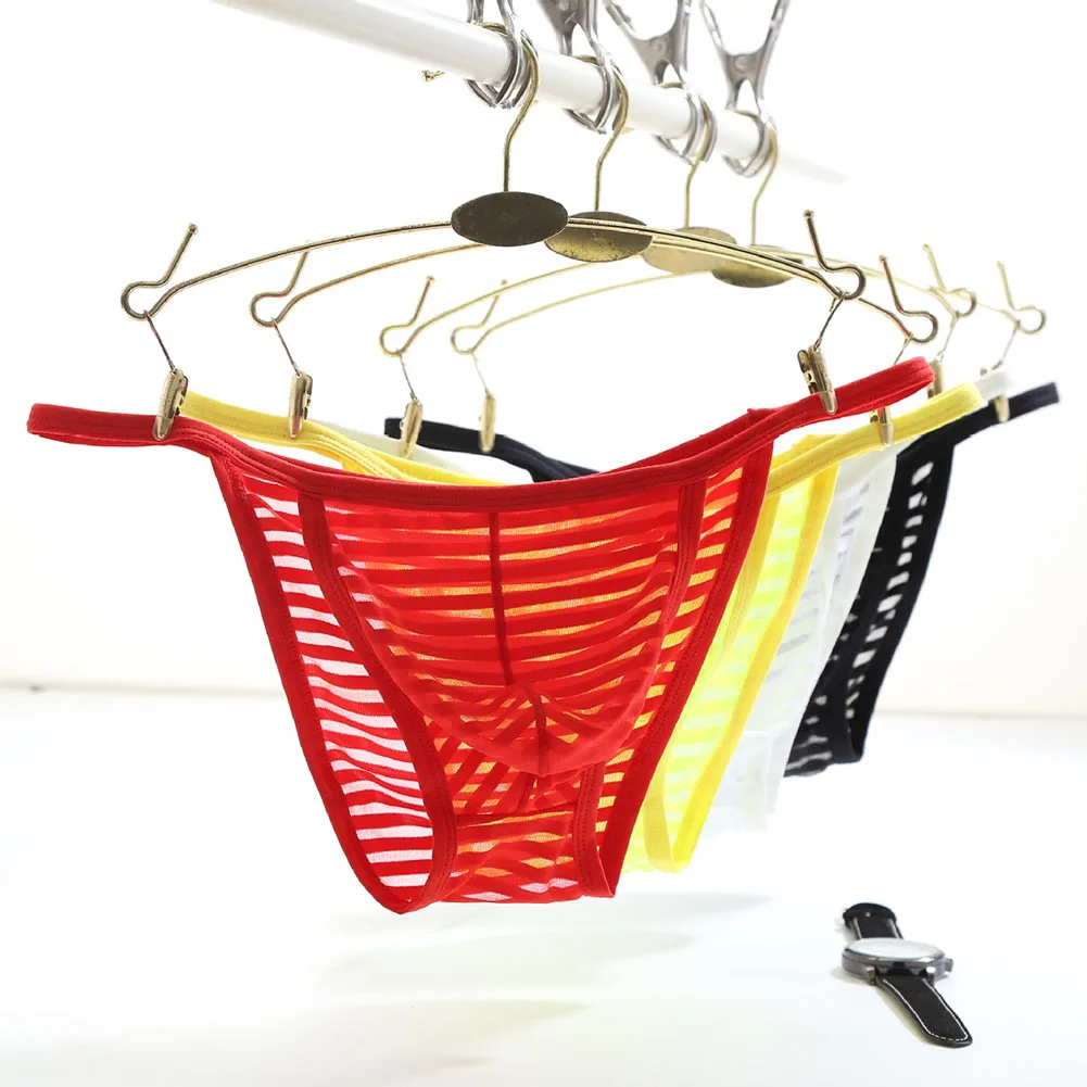 

Men Low Waist Breathable Underpants Mesh Thin Briefs with Pouch Stripe Comfortable Underwear for Classic Style