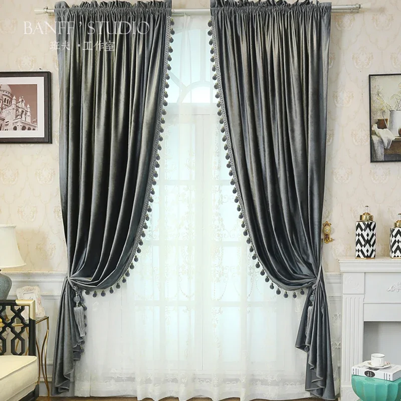 High-grade Thickening  Velvet Curtains All Blackout Curtain Pure Gray European Style Curtains for Living Dining Room Bedroom