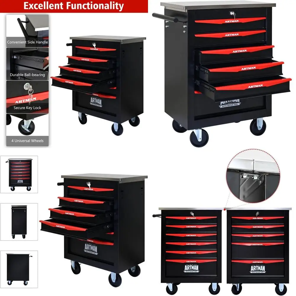 

Sturdy 6-Drawer Rolling Tool Chest - Black & Red Metal Cart for Garage and Workshop, Stainless Steel Top Organizer