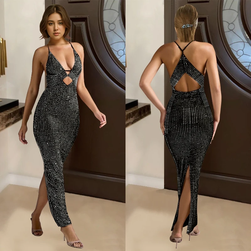 セクシーなホローデザインのVネック、ホットなダイヤモンド装飾、ノースリーブのロングスカート、ファッショナブルなスリット入りレディースドレス、ナイトクラブ、パーティー、バーの服装