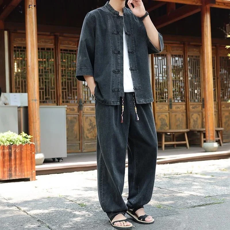 Summer Men's Stand Collar Tang Suit Washed Denim Set Wind Disk Button Thin Short Sleeve Denim Shirt Trendy Top Casual Pure Color