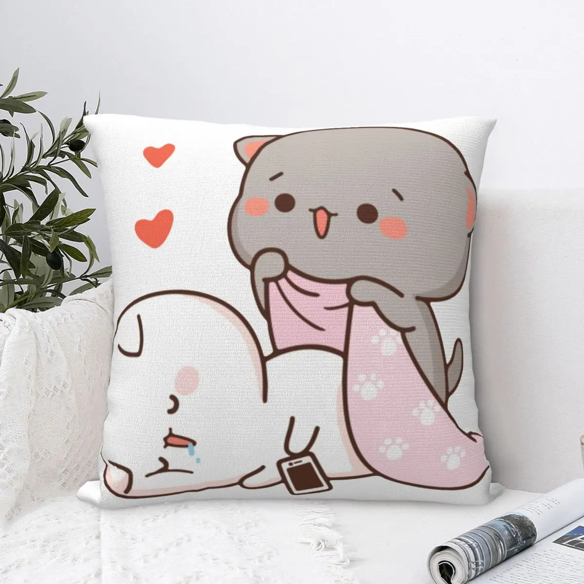 Kawaii Peach And Goma Mochi Drooling Square Pillowcases Home Cartoon Cat Cushion Cover Cool Home Decoration Pillowcase 40*40