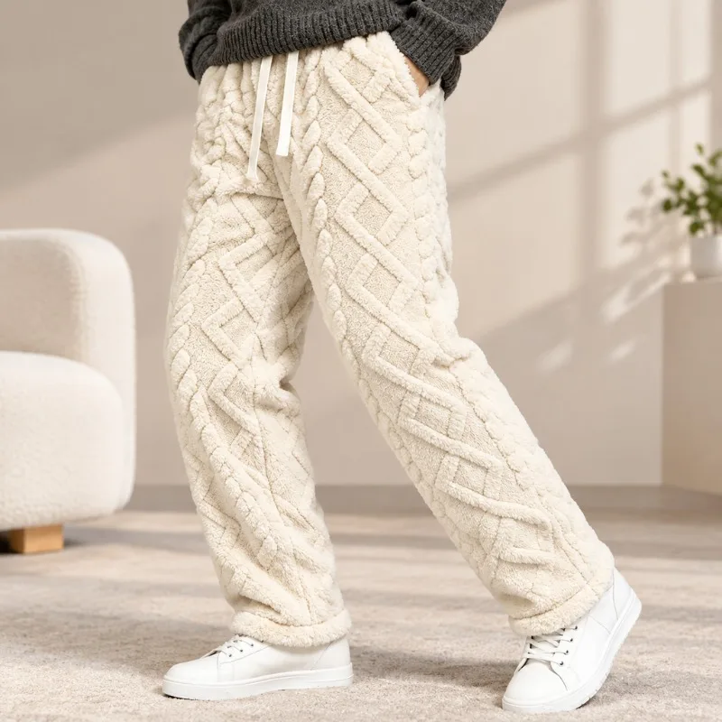Mens High Street Winter Diamond Quilted Fleece Lined Trousers Loose Thickened Warm Thermal Casual Outdoor Outerwear Pants Men