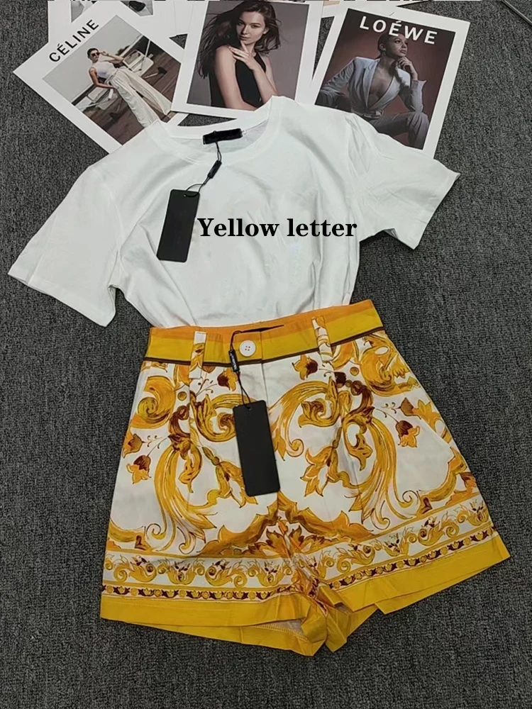 Vintage embroidery letter short sleeve T-shirt two-piece 2024 summer women\'s new + high waist straight short fashion suit