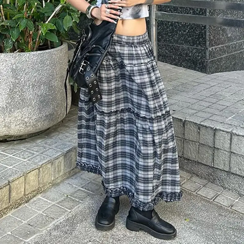 

Deeptown Vintage Plaid Long Skirt Women Harajuku Y2k Streetwear Ruffle Skirt Fairycore Patchwork Preppy Style Retro Midi Skirts