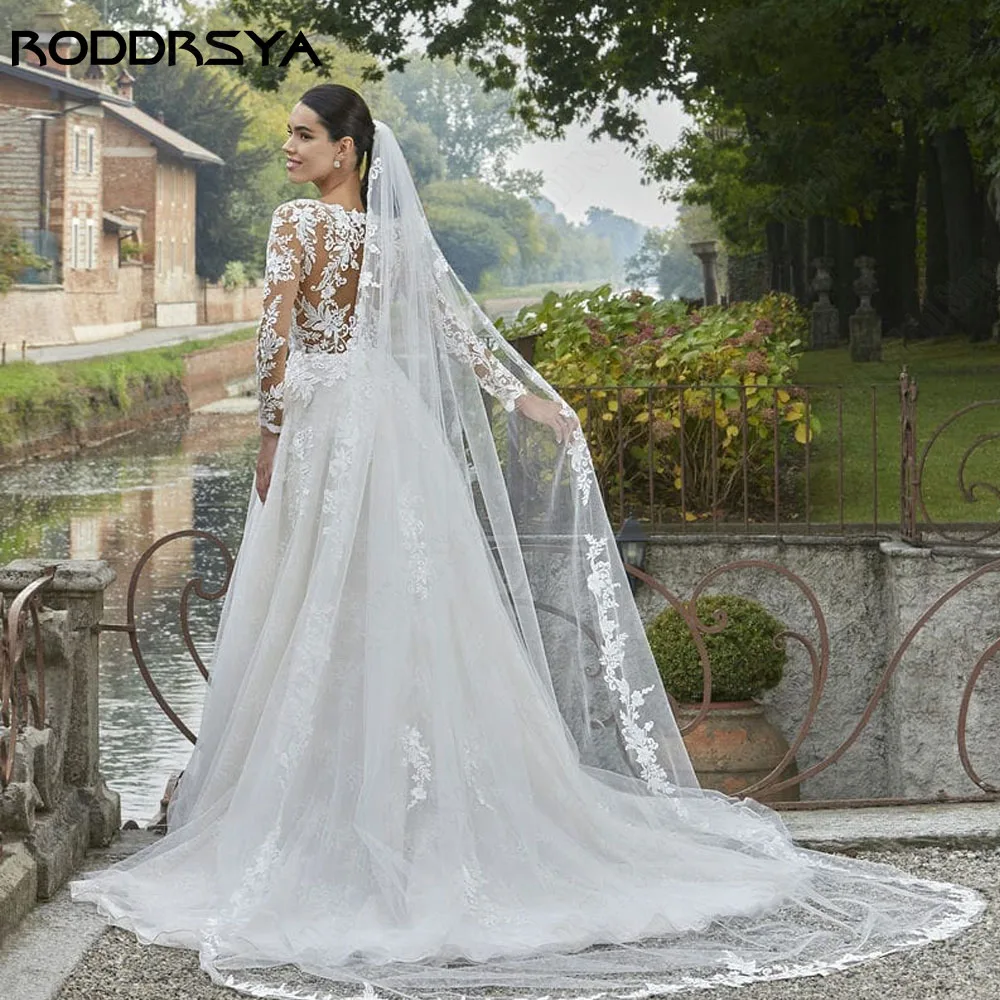 Roddsya exquisito vestido de novia de encaje de manga larga en V cuello TUL ilusión de hilo RODDRSYA-Vestido De Novia De encaje De manga larga con cuello en V, tul, ilusión De línea A, botón trasero, apliques De encaje