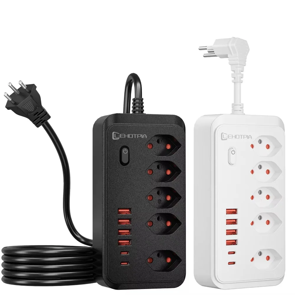 Wall Mount Power Strip with 1.8M Extension Cord Swiss Socket Type J Socket 5 AC Outlets USB-C Fast Charging Ports Surge Protecte