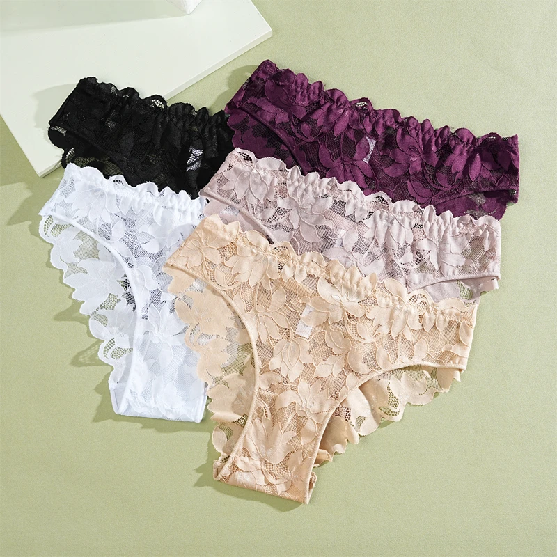 FINETOO 2 Stück Damen-Unterwäsche aus Satin mit Blumenspitze, sexy, aushöhlen, Höschen, solide, niedrige Taille, perspektivische Slips, Mädchen, weiche Dessous – Detail 8