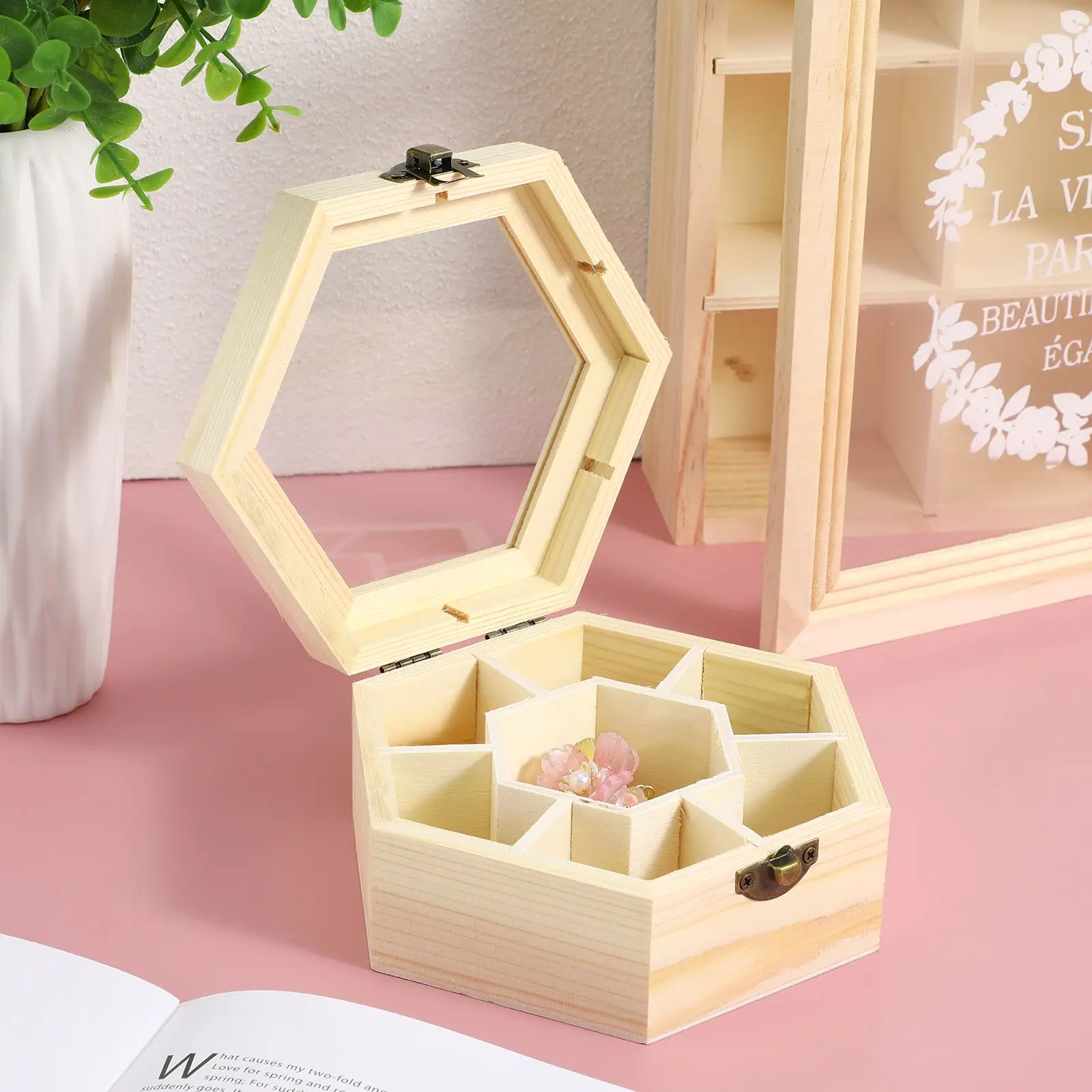 1pc Wooden NEW Jewelry Box Handmade Hexagon Storage Box Lightweight Snow Clay DIY Jewelry Storage Box Lady Bug Of Miracles 2025