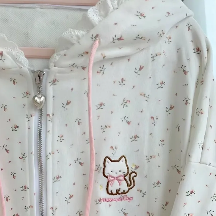 Sweet Cute Cat Embroidery Floral Hoodie Jackets 2024 New Loose Cardigan Coat Women Y2k E-Girl Long Sleeve Zipper Tops Mujer