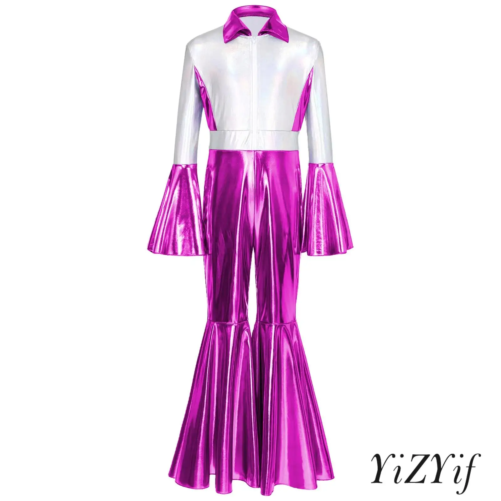

Kids Girls Retro Party Jazz Hippie Jumpsuit 70s Inspired Disco Outfit Flare Sleeves Long Pants for Halloween Disco Party Concert