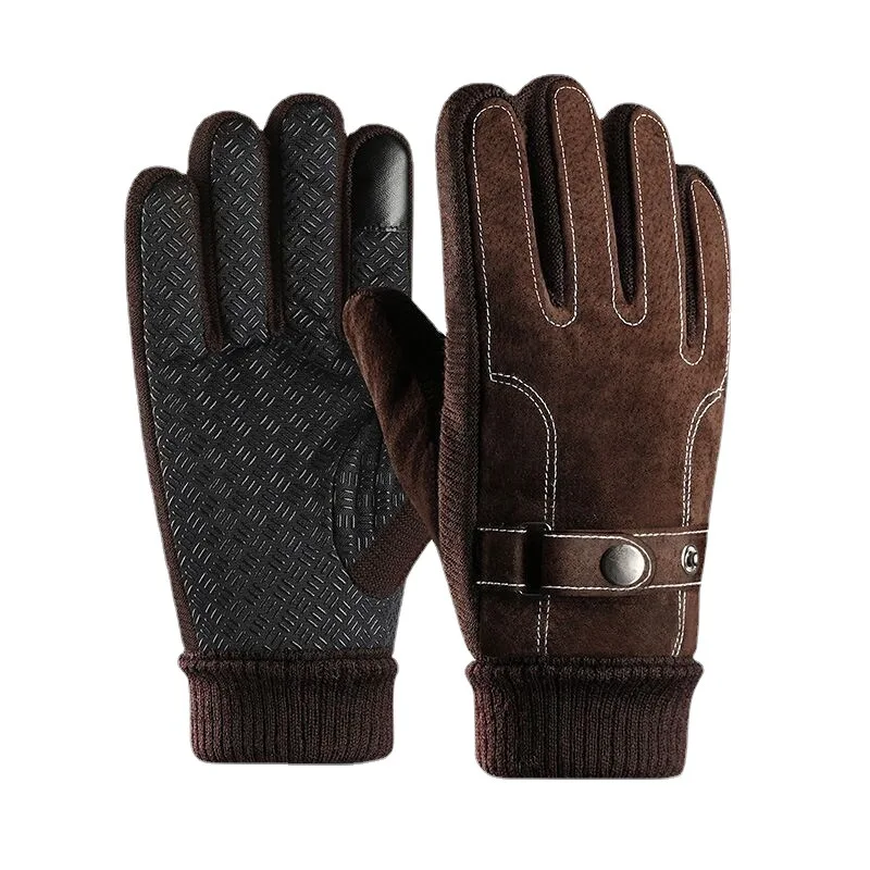 Leather Gloves for Men Winter Cycling Pig Skin Gloves Warm Fleece Business Thick Touch Screen Outdoor Motorcycle Non-slip Gloves