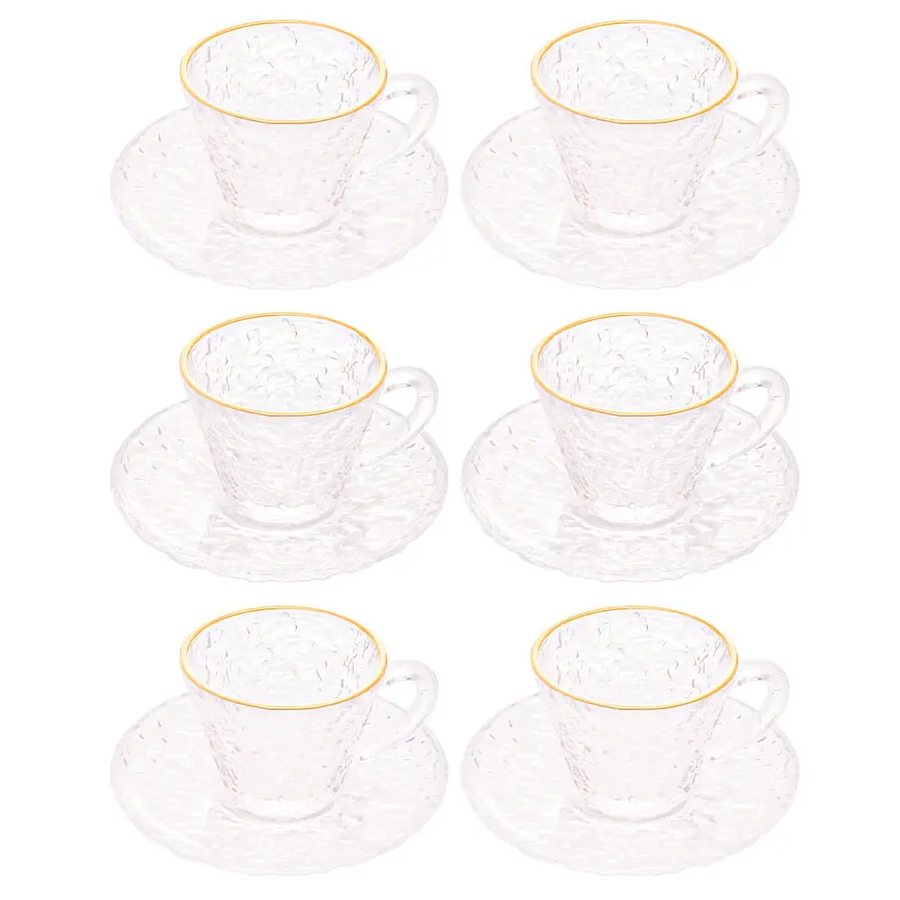 Coffee Cups With Saucer Transparent Gold Wire Petra 70ml 12 Pieces-Lyor 2782/6