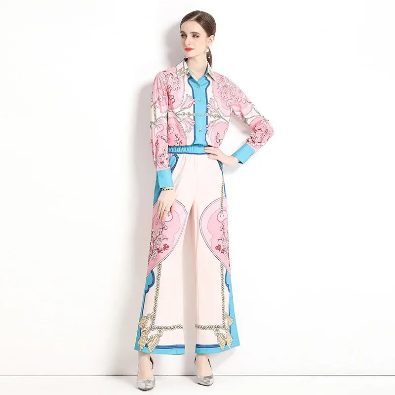 2024 Autumn New Palace Retro Printed Shirt Wide-Leg Pants Suit Pant Sets for Women 2 Pieces Ensemble 2piece Femme Trafza Outfit