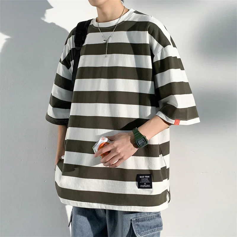 Men\'s Cotton T-shirt Striped Mens Oversized T Shirts Split Hem Fashion Tee Shirts Casual Wear Summer Tshirt 5XL Big Size for Man