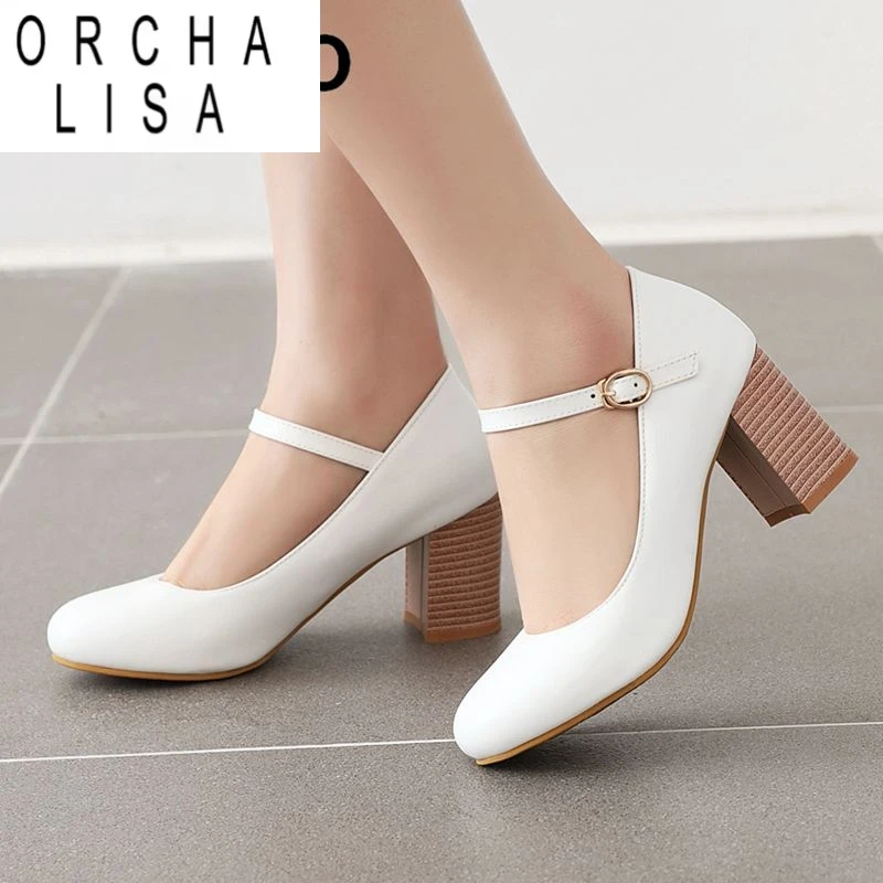 

ORCHA LISA Модные женские туфли-лодочки Мэри Джейн с круглым носком на массивном каблуке 7 см с пряжкой и ремешком Большие размеры 44 45 46 Sweet Dating Женская обувь