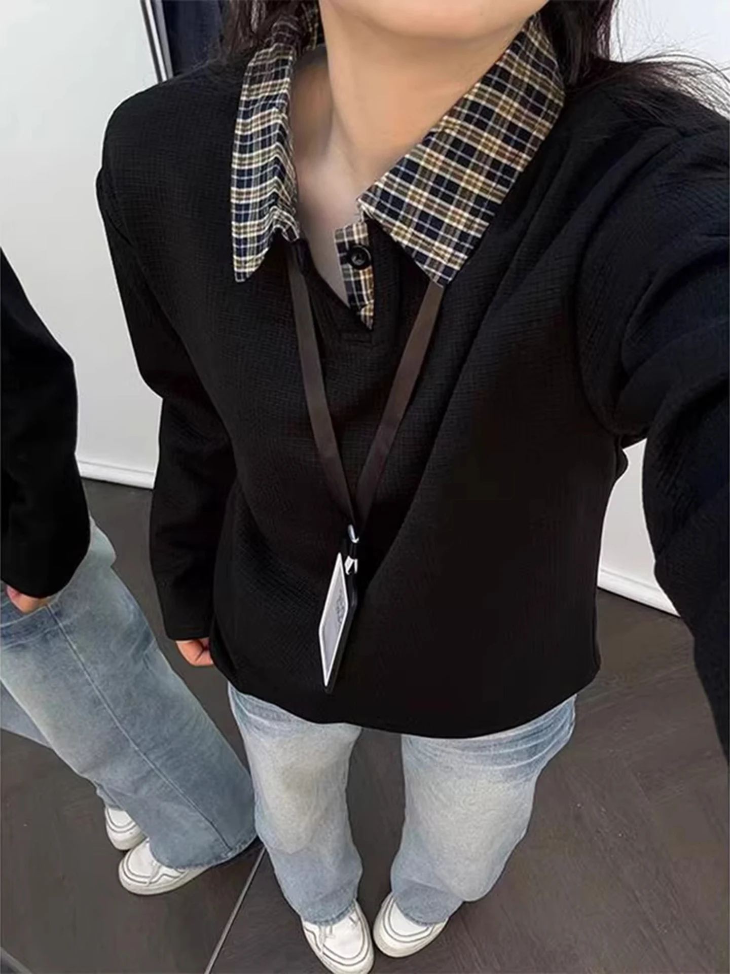 Men's Black Plaid Fleece Lined  Shirt Sweatshirt Thickened Long Sleeve American Style Shoulder T-Shirt for Autumn Winter