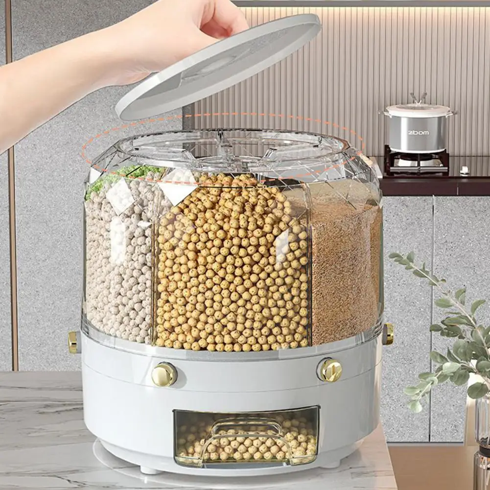 Rice Storage Holder Large Capacity One Button Opening Rotating Damp-proof Anti Pest Good Sealing Division Design Grain Jar Kitch