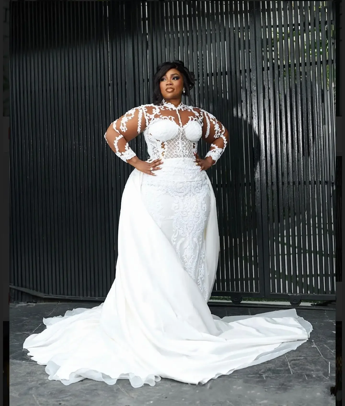 Customized Illusion High Collar  Lace Appliques Wedding Dress with Removable Skirt  Vestido De Casament Full Sleeve Bridal Gowns
