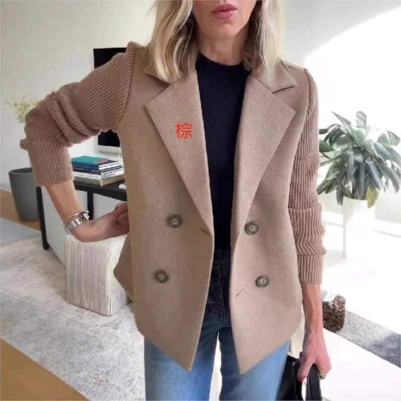 

Модное женское короткое пальто, куртка 202, осень/зима, вязаная лоскутная куртка с длинными рукавами и лацканами, новый костюм, офисная женская куртка