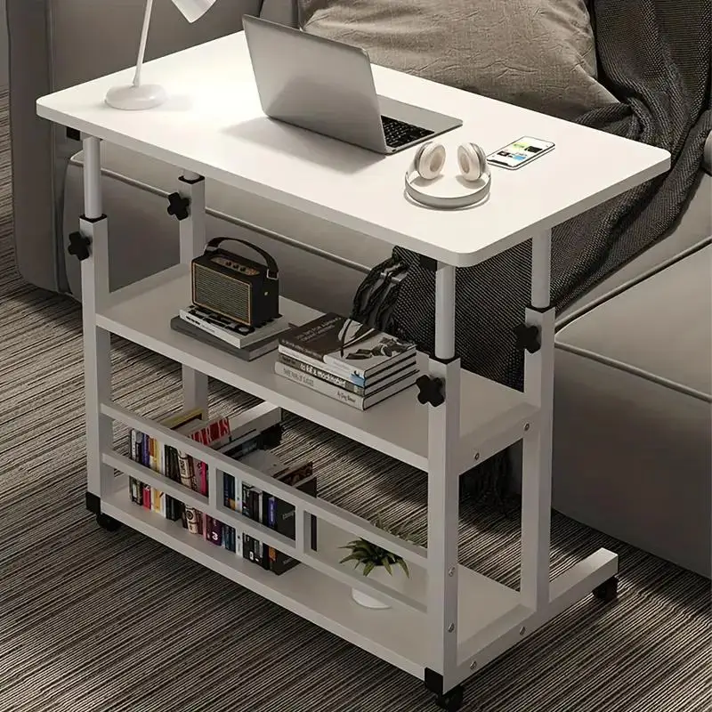 Height Adjustable Mobile Computer Desk with Wheels 3-Tier Folding Laptop Table Portable Rolling Workstation with Storage Shelf Metal Frame Movable Study Desk for Bedroom Home Office