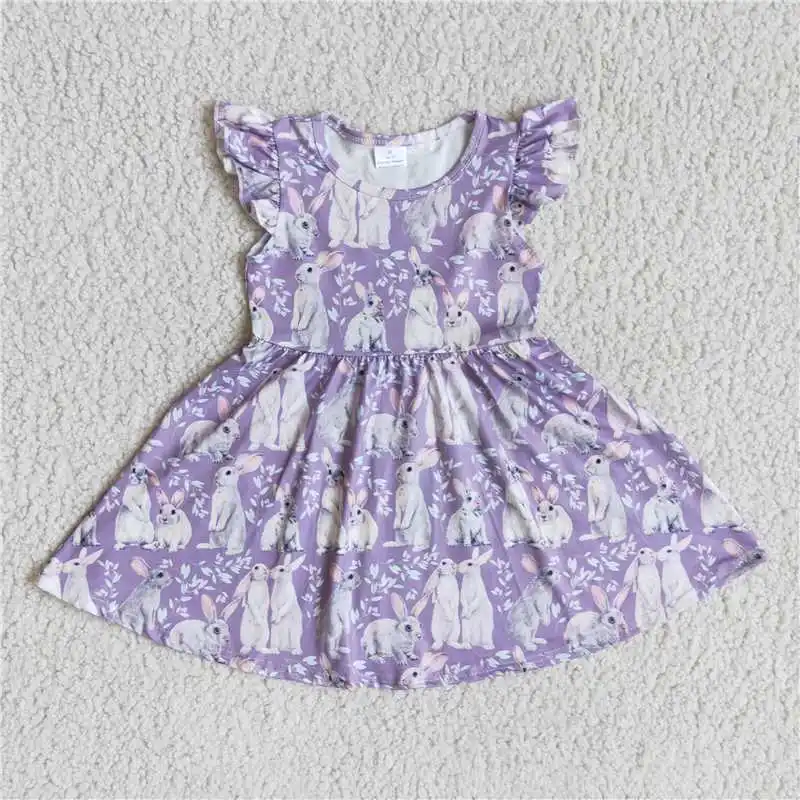 

Wholesale Girls Summer Short Sleeve Easter Dress Flying Sleeves Pattern Printed With Buttons Bright Colors Ruffle