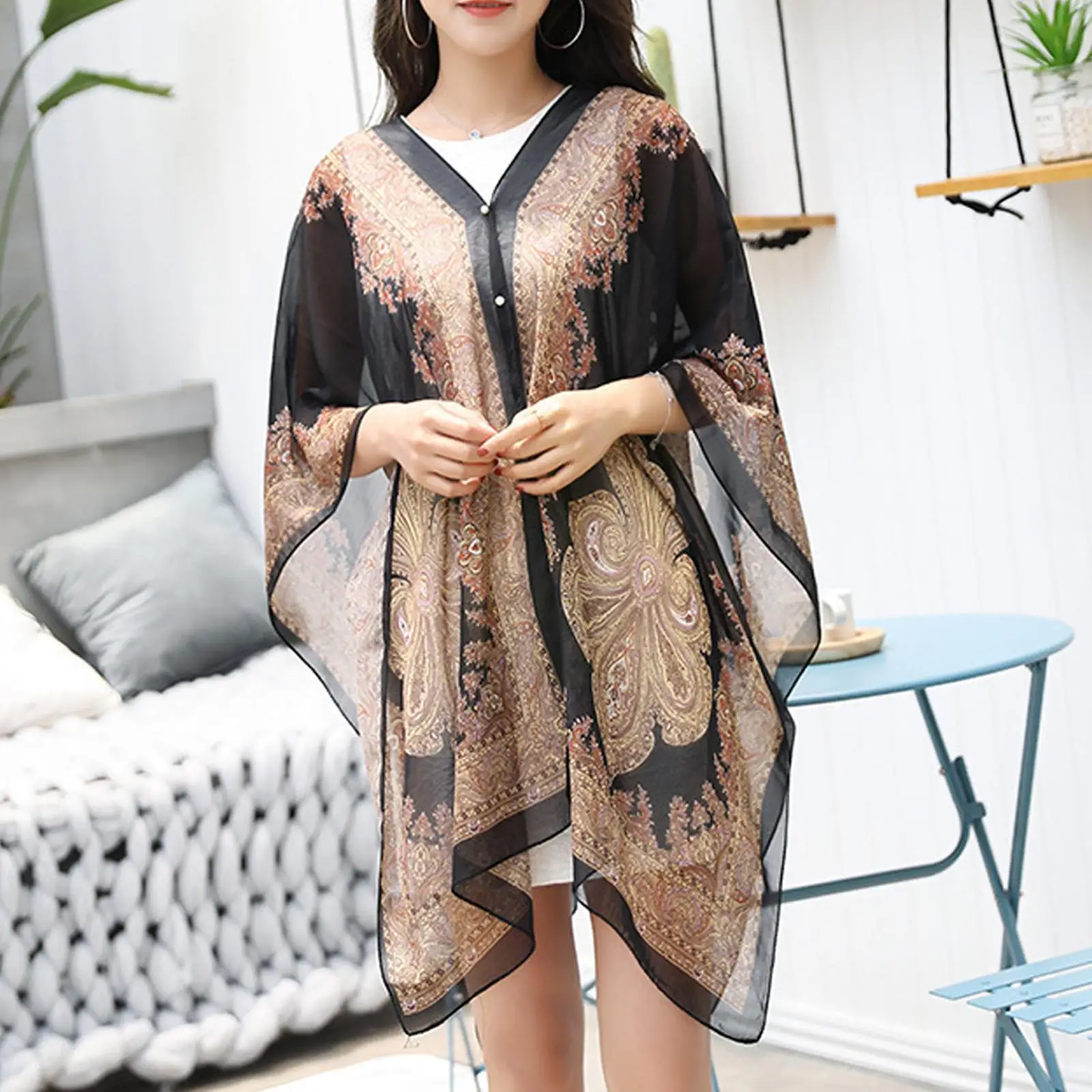 Women Scarf Shawl Poncho Printed Sunscreen Scarf Chiffon Protection Tops Soft Sun Bikini Beach Shawl Loose Cover Shawl Blou A2Y7