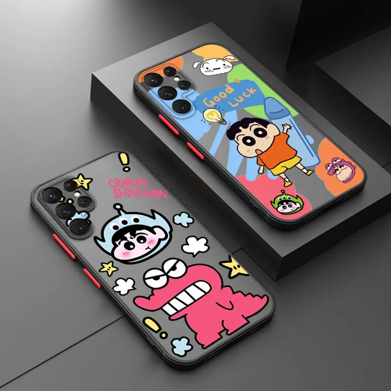 Crayon Shin-chan Cute Cartoon For Samsung Galaxy S24 S23 S22 S21 S20 Ultra Plus FE Note 20 5G Frosted Translucent Phone Case