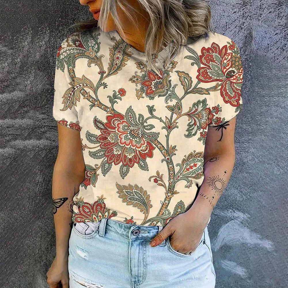 Summer Leisure T-shirt Women's T-shirt Retro Flower Pattern Print Fashion Print T-shirt Elegant Women's Short Sleeved T-shirt