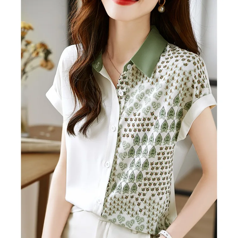 Women's 2024 Summer Turndown Collar Panel Button Print Slim Fit Chiffon Commuter Versatile Batwing Sleeve Short Sleeved Shirt