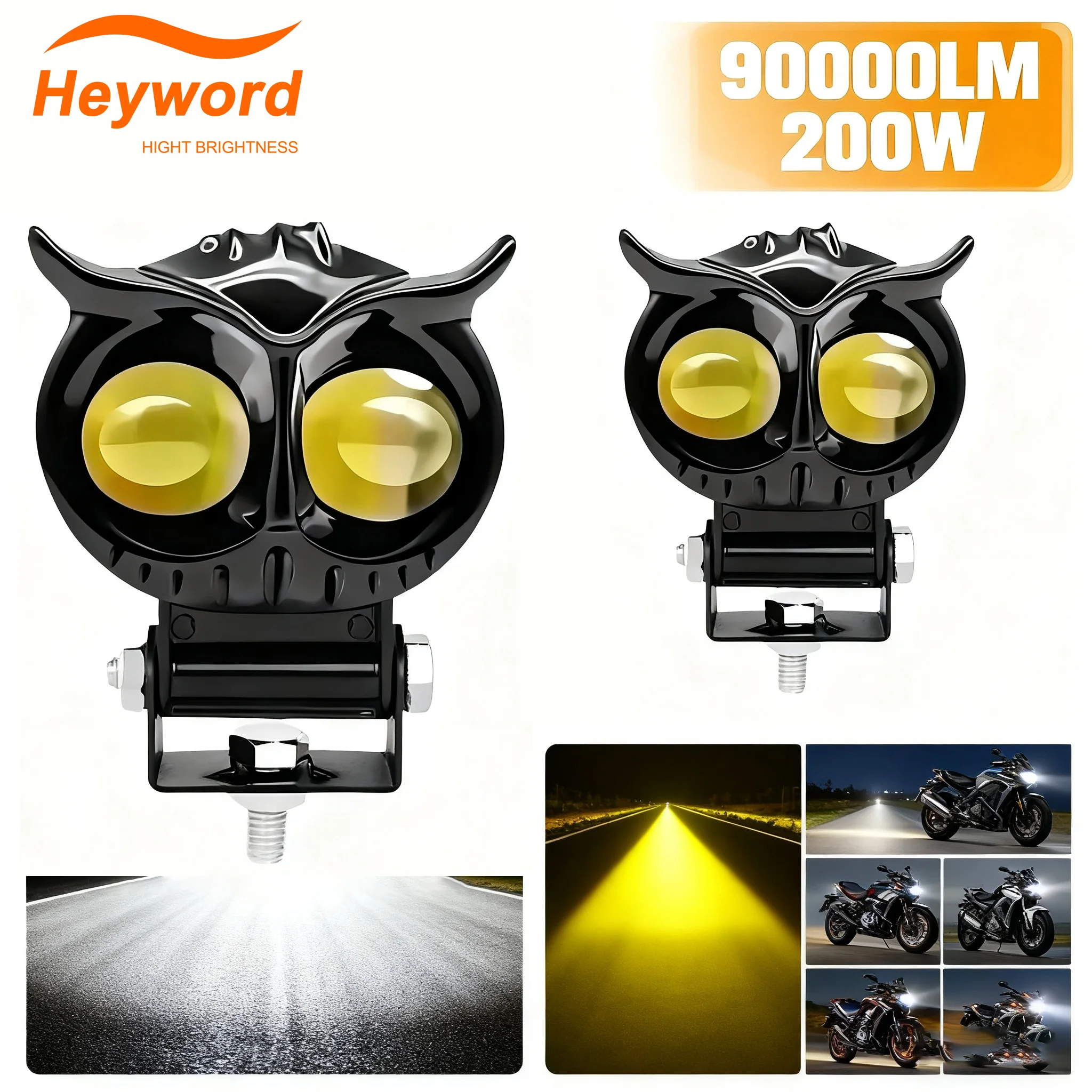 Heyword 1PC Dual Color Motorcycle Headlight Owl Design 4 Modes Auxiliary Spotlights Motorbike Scooter Fog Lamp Running Lights