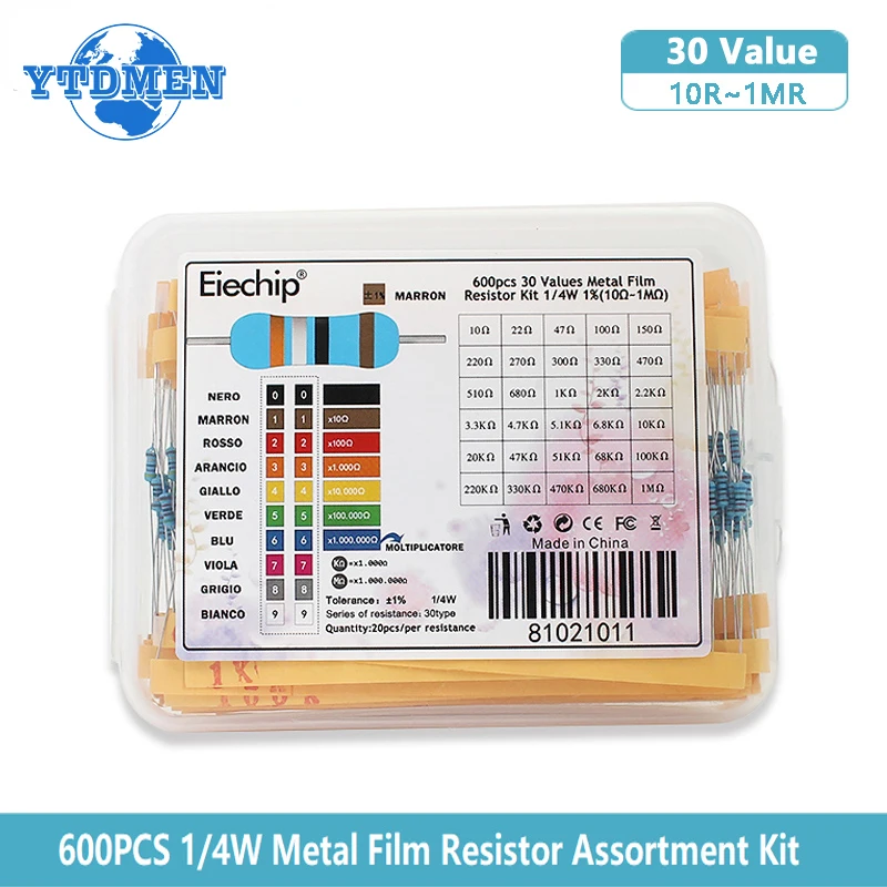 300/600pcs 1/4W Metal Film Resistor kit set 30 Values resistors pack 10R~1M Set of resistors Box 1K 10K 100K ohm