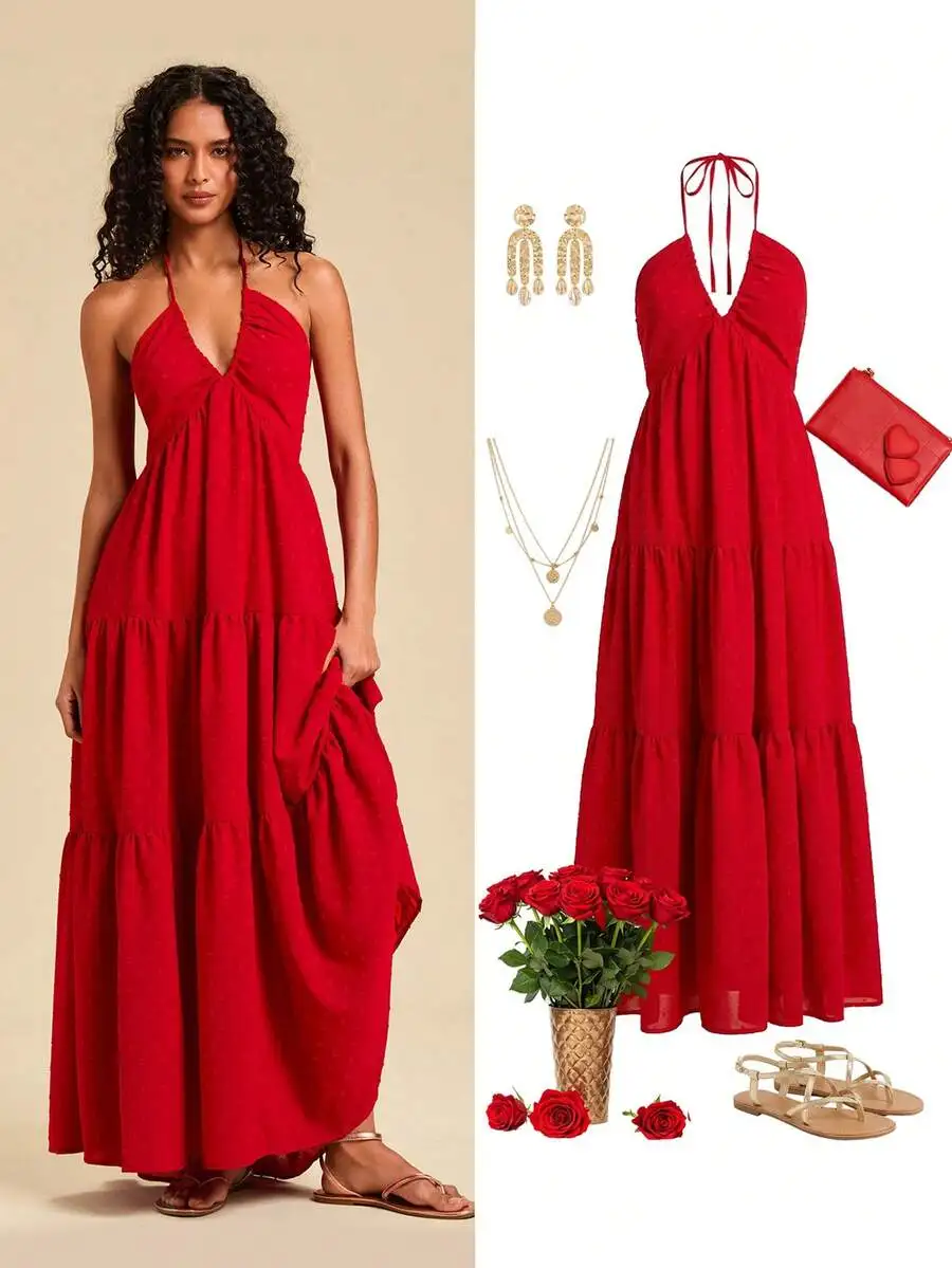 

Red V-Neck Halter Tie Backless Ruched Tiered Maxi Dress For Women Summer Party Beach Outfit