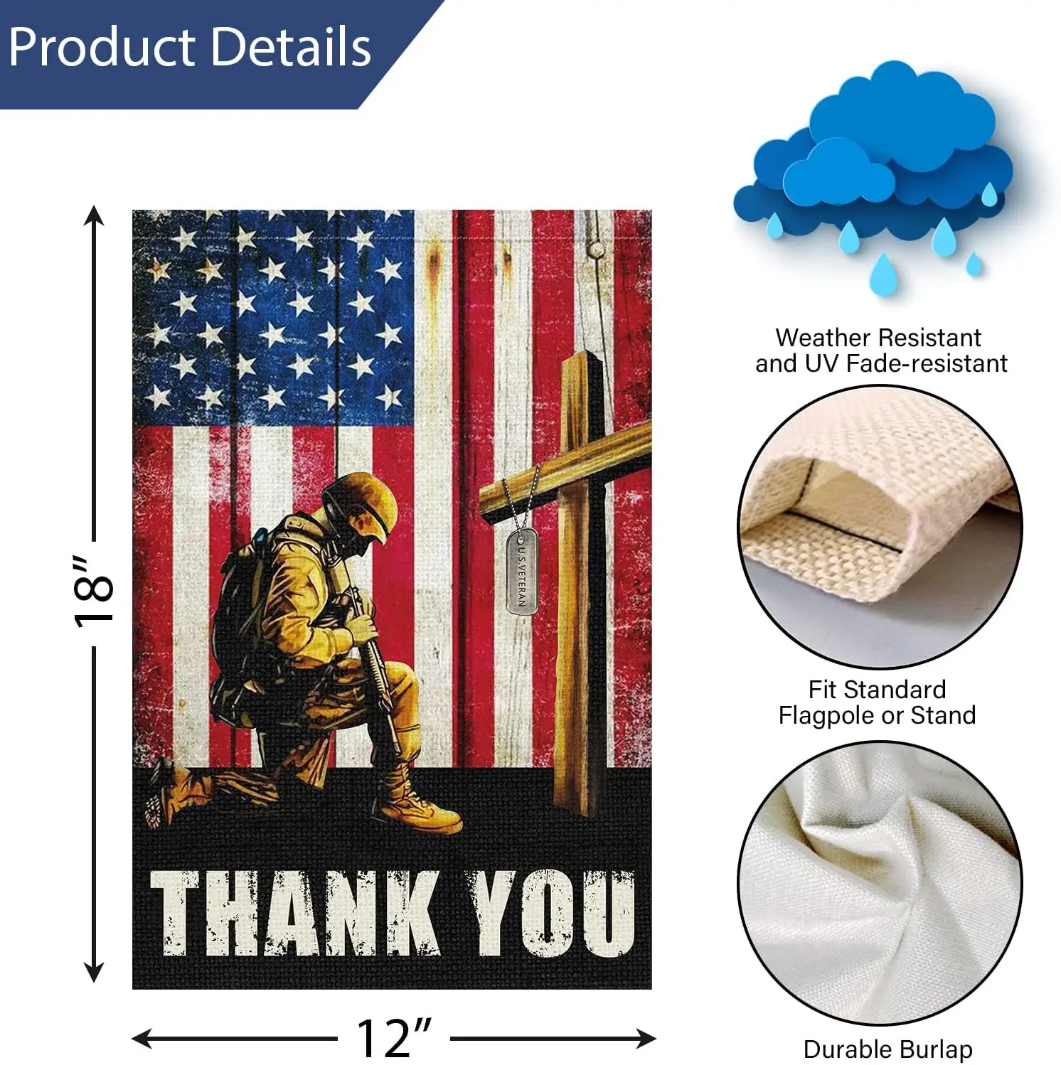 Louise Maelys Patriotic Memorial Day USA Garden Flag 12x18 Double Sided, Small Burlap Soldiers Heroes Thank You Yard Flags B LLO