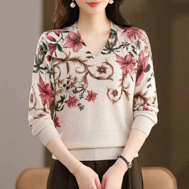 

Свитер с принтом больших размеров, женский вязаный шерстяной свитер, модная осенне-зимняя новая стильная рубашка для мам среднего возраста