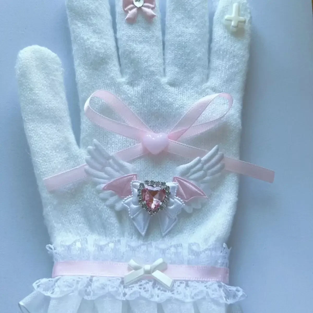 Women Japanese Y2K Girl Sweet Lolita Cute Full Finger Gloves With Rhinestone Angel Wing Bow Cross Decor Bow Subculture Mittens 4